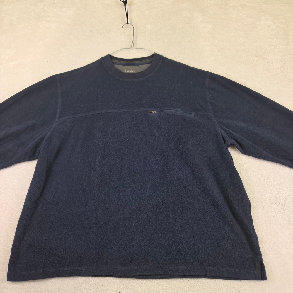 LL Bean Mens XXL Navy Blue Microfleece Crewneck Pullover Zipper Pocket Sweater